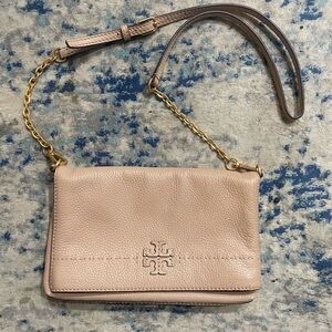 Tory Burch Nude Pebbled Leather Crossbody Bag w/ Chain Strap